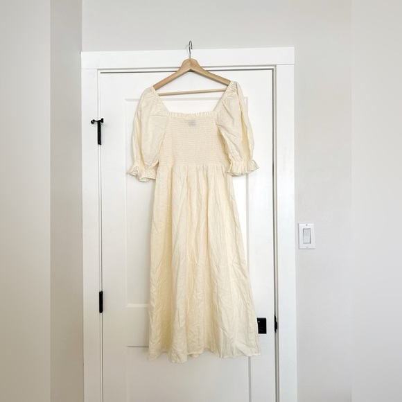 GAP Linen-Blend Puff Sleeve Square Neck Cream Midi Dress - Picture 9 of 9